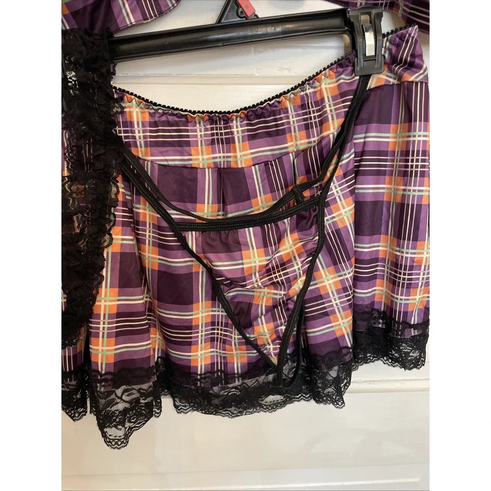 Four Piece Women's Bedroom Outfit Shorts, Low Top - Purple Plaid Black Lace NWOT